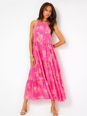 Lilly Pulitzer Beccalyn Pink Anniversary Silk Floral Halter Tiered Maxi Dress